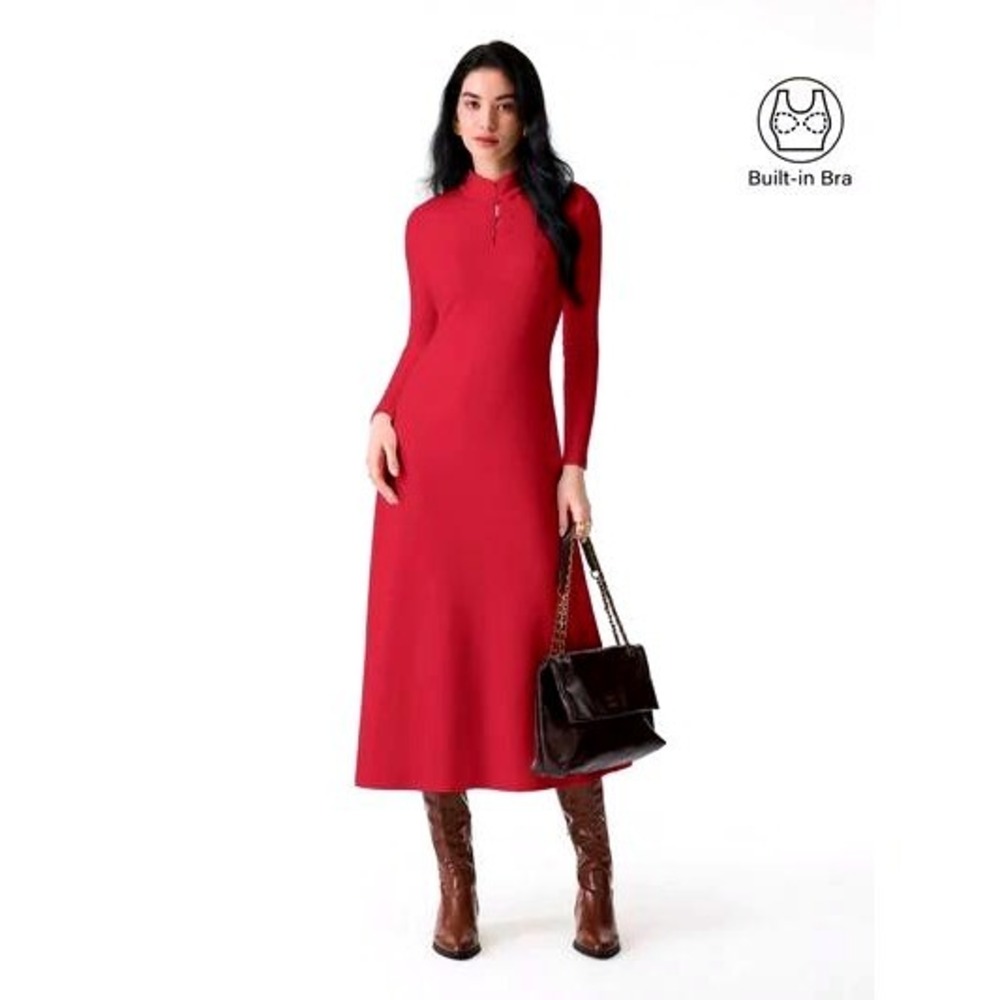 OGL‎ MaxWarm Mandarin Collar Frog Button Midi Bra Dress Red 2XL